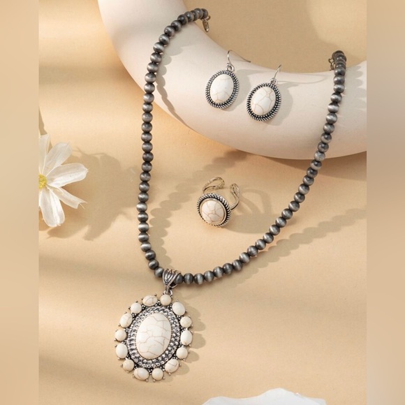 White Oval Marbled Stone Necklace, Earrings, and Ring Set - Picture 2 of 5